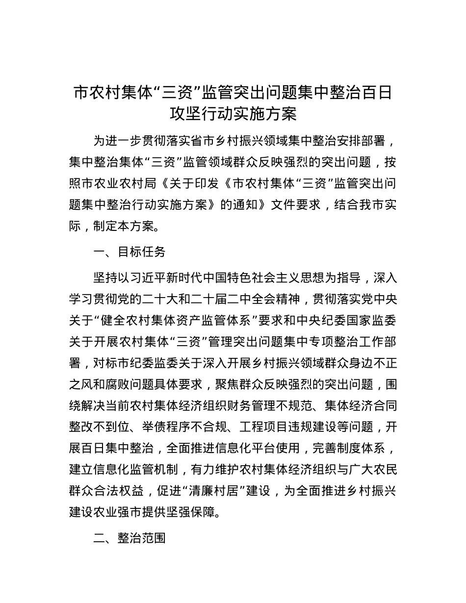 市农村集体“三资”监管突出问题集中整治百日攻坚行动实施方案.docx_第1页