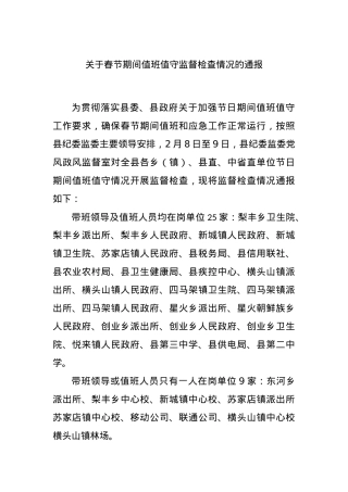 关于春节期间值班值守监督检查情况的通报.docx