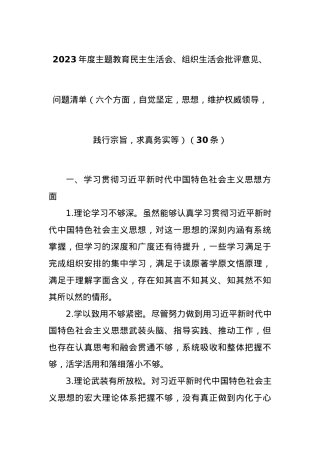 (30条)2023年度主题教育民主生活会、组织生活会批评意见、问题清单（六个方面，自觉坚定等）.docx