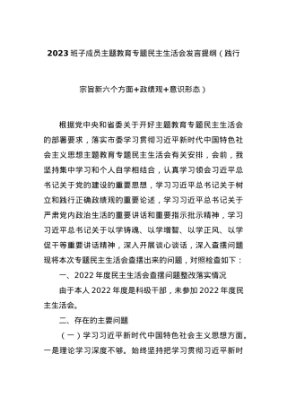 2023班子成员主题教育专题民主生活会发言提纲（践行宗旨新六个方面+政绩观+意识形态）.docx