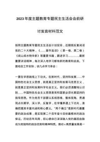 2023年度主题教育专题民主生活会会前研讨发言材料范文.docx