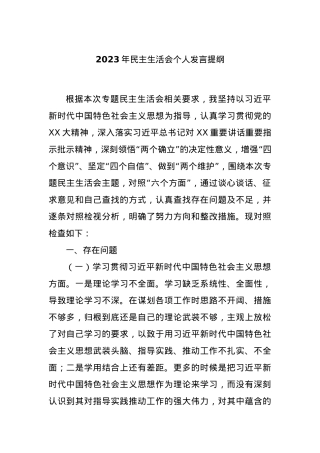 2023年民主生活会个人发言提纲.docx