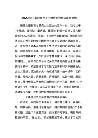 2023年主题教育民主生活会对照检查发言提纲.docx