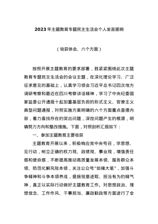 2023年主题教育专题民主生活会个人发言提纲（收获体会、六个方面）.docx