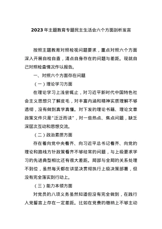 2023年主题教育专题民主生活会六个方面剖析发言.docx