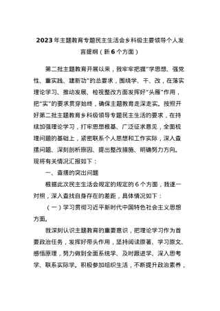 2023年主题教育专题民主生活会乡科级主要领导个人发言提纲（新6个方面）.docx