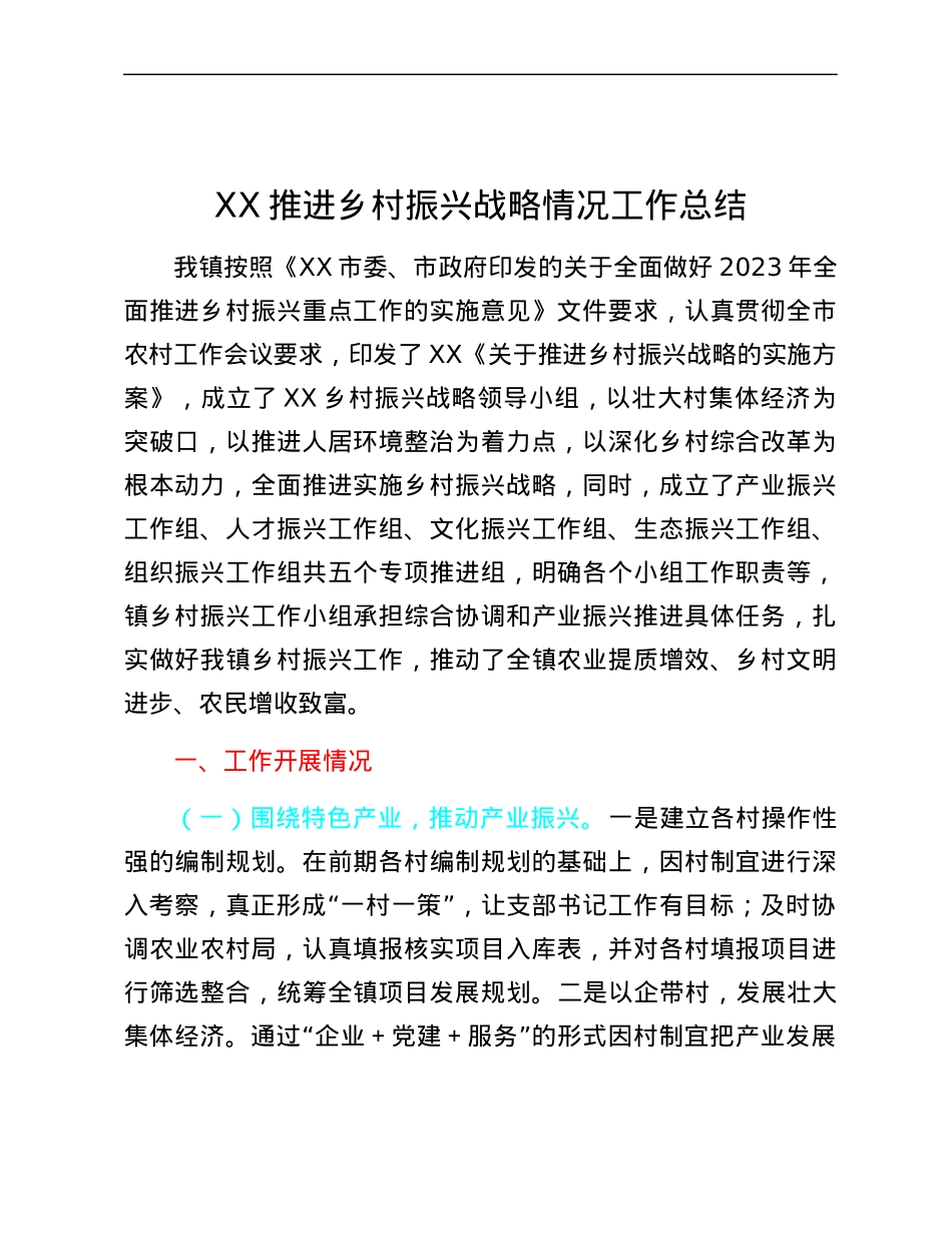 XX推进乡村振兴战略情况工作总结.docx_第1页