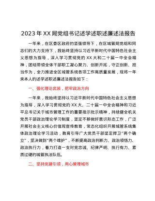 2023年XX局党组书记述学述职述廉述法报告.docx