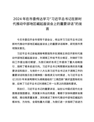 2024年在市委传达学习“习近平总书记在新时代推动中部地区崛起座谈会上的重要讲话”的发言.docx