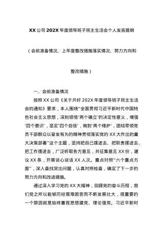 XX公司202X年度领导班子民主生活会个人发言提纲（会前准备情况、上年度整改措施落实情况、努力方向和整改措施）.docx