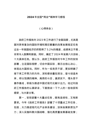 2024年全国“两会”精神学习感悟（心得体会）.docx