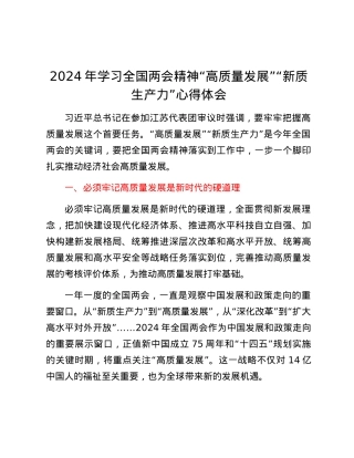 2024年学习全国两会精神“高质量发展”“新质生产力”心得体会.docx
