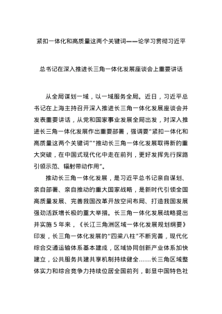 紧扣一体化和高质量这两个关键词——论学习贯彻总书记在深入推进长三角一体化发展座谈会上重要讲话.docx