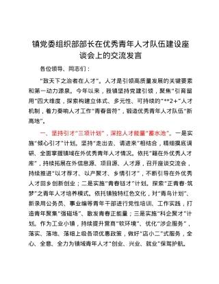镇党委组织部部长在优秀青年人才队伍建设座谈会上的交流发言.docx