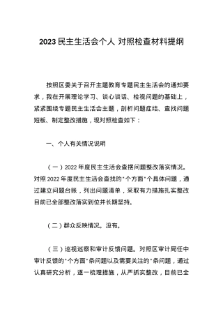 2023民主生活会个人 对照检查材料提纲.docx