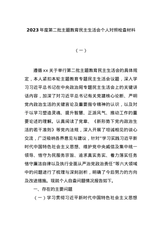 2023年度第二批主题教育民主生活会个人对照检查材料（一）.docx