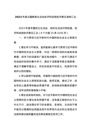 2023年度主题教育生活会批评和自我批评意见清单汇总.docx