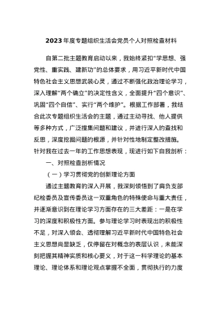 2023年度专题组织生活会党员个人对照检查材料.docx