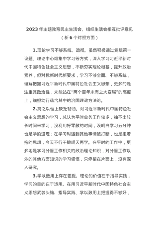 2023年主题教育民主生活会、组织生活会相互批评意见（新6个对照方面）.docx