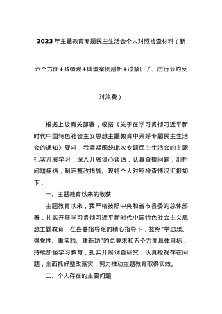 2023年主题教育专题民主生活会个人对照检查材料（新六个方面+政绩观+典型案例剖析+过紧日子、厉行节约反对浪费）.docx