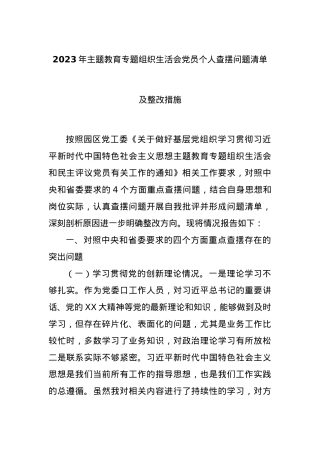 2023年主题教育专题组织生活会党员个人查摆问题清单及整改措施.docx