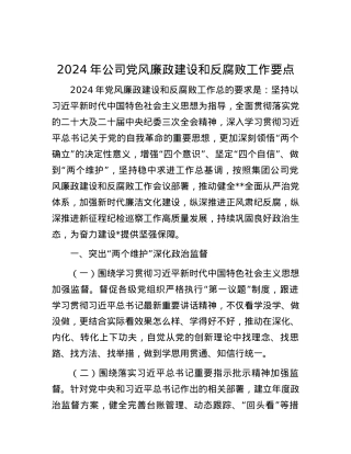 2024年公司党风廉政建设和反腐败工作要点.docx