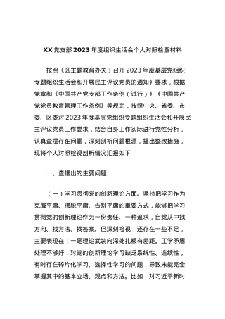 XX党支部2023年度组织生活会个人对照检查材料.docx