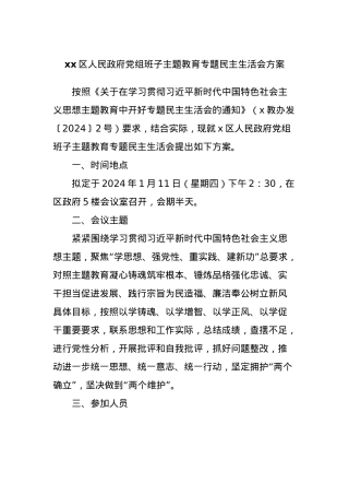 xx区人民政府党组班子主题教育专题民主生活会方案.docx
