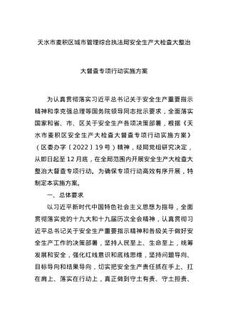 XX市麦积区城市管理综合执法局安全生产大检查大整治大督查专项行动实施方案.docx