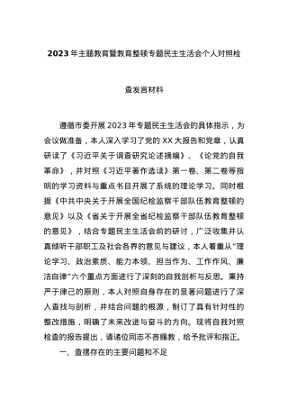 2023年主题教育暨教育整顿专题民主生活会个人对照检查发言材料.docx