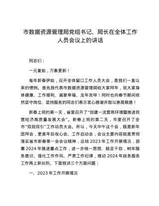 市数据资源管理局党组书记、局长在全体工作人员会议上的讲话.docx