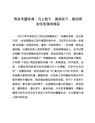 两会专题党课：马上就干、真抓实干，推动两会任务落地落实.docx