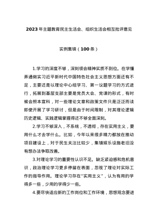 (100条)2023年主题教育民主生活会、组织生活会相互批评意见实例集锦.docx