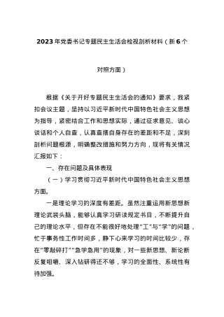 2023年党委书记专题民主生活会检视剖析材料（新6个对照方面）.docx