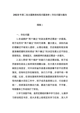 2023年第二批主题教育检视问题清单（存在问题与整改措施）.docx