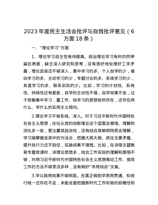 2023年度民主生活会批评与自我批评意见（6方面18条）.docx