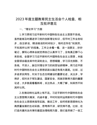 2023年度主题教育民主生活会个人检查、相互批评意见.docx