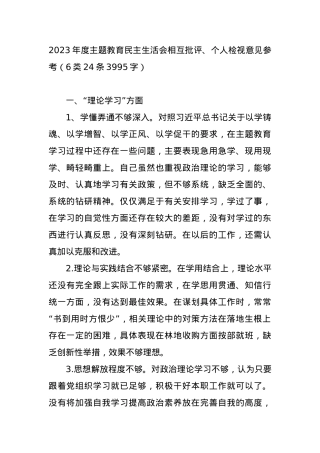 2023年度主题教育民主生活会相互批评、个人检视意见.docx