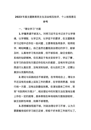 2023年度主题教育民主生活会相互批评、个人检视意见参考.docx
