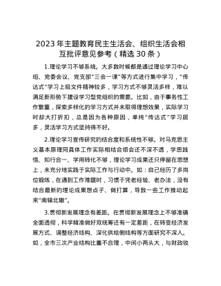 2023年主题教育民主生活会、组织生活会相互批评意见参考（精选30条）.docx