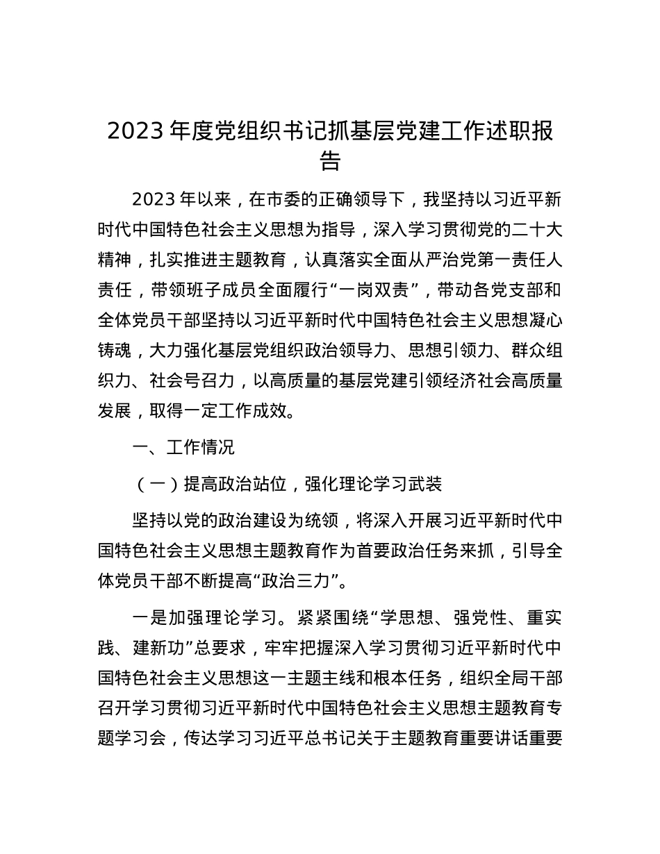 2023年度党组织书记抓基层党建工作述职报告.docx_第1页