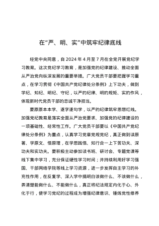 党纪学习教育∣09学习交流：20240407在“严、明、实”中筑牢纪律底线.docx