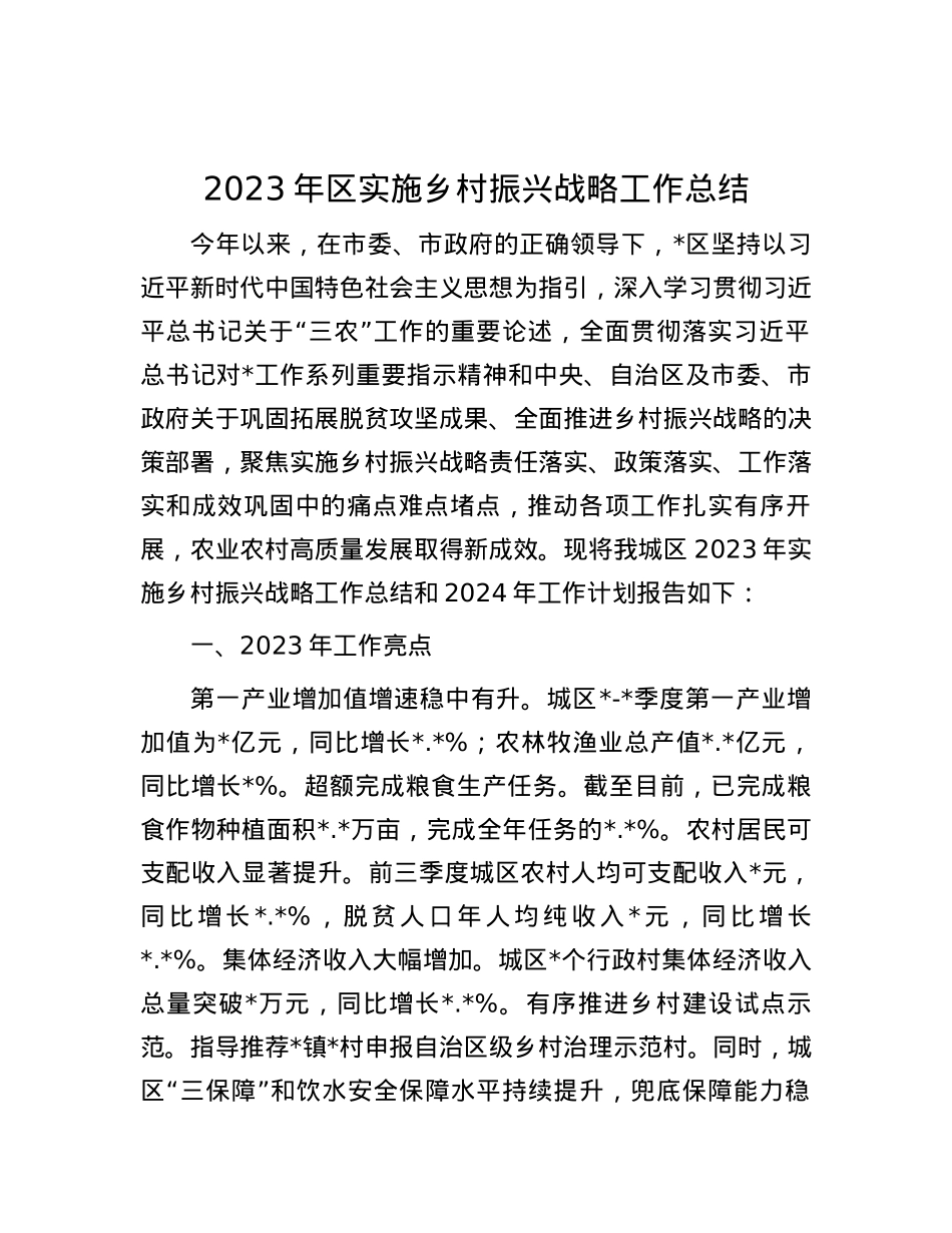 2023年区实施乡村振兴战略工作总结.docx_第1页
