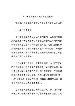 2023年度全面从严治党述职报告.docx