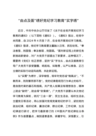 党纪学习教育∣09学习交流：20240412“由点及面”绣好党纪学习教育“实字绣”.docx