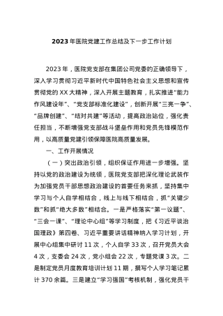 2023年医院党建工作总结及下一步工作计划.docx