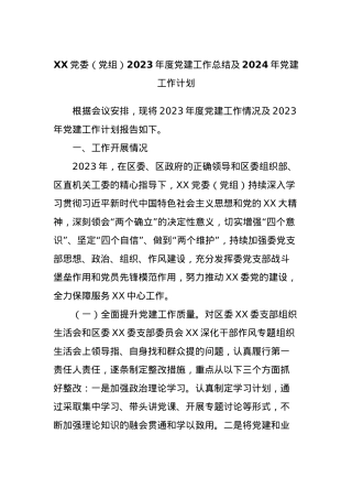 XX党委（党组）2023年度党建工作总结及2024年党建工作计划.docx