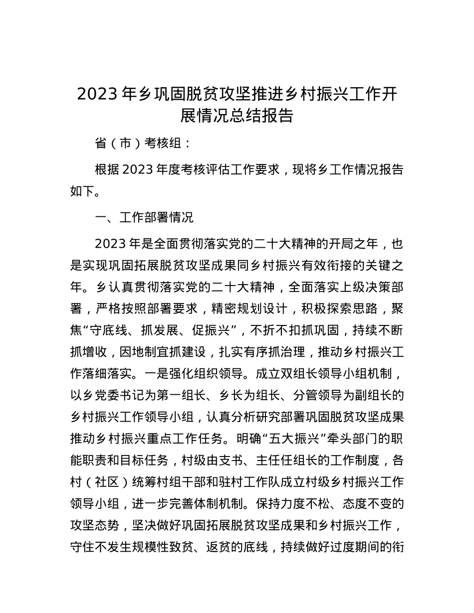 2023年乡巩固脱贫攻坚推进乡村振兴工作开展情况总结报告.docx_第1页