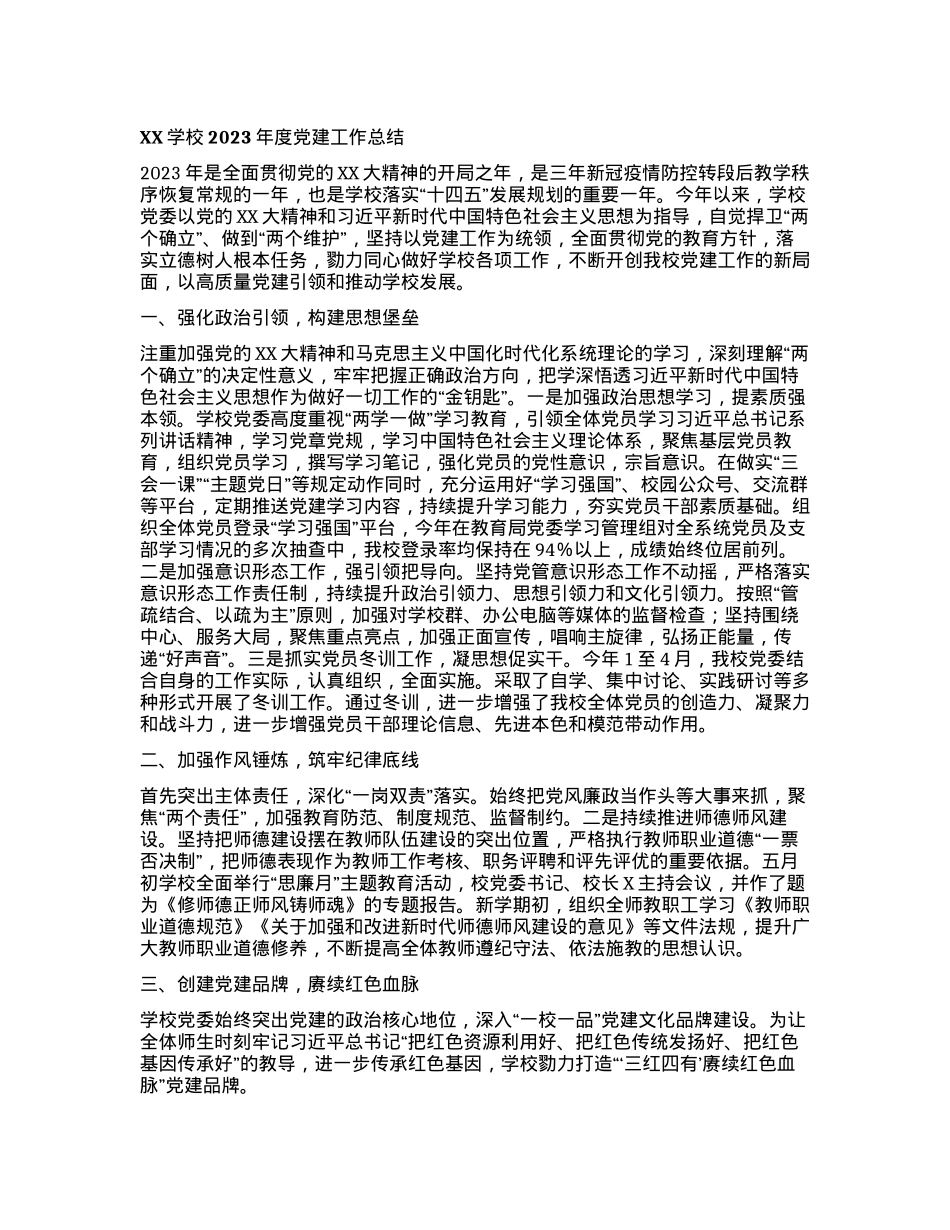 XX学校2023年度党建工作总结.docx_第1页