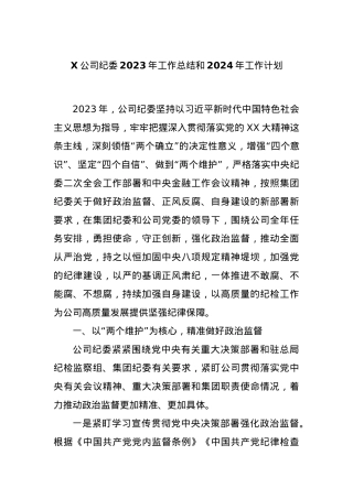 X公司纪委2023年工作总结和2024年工作计划.docx